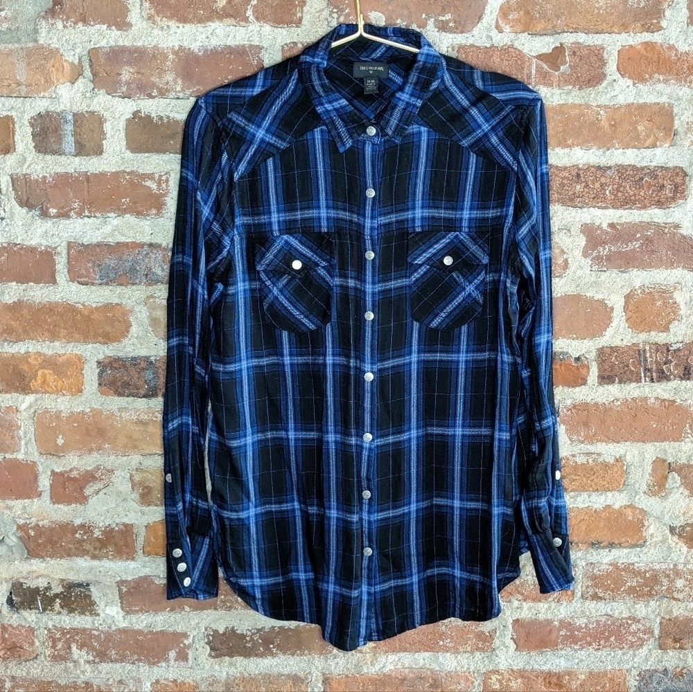 True Religion Medium Blue & Black Relaxed Georgia Plaid Snap Long Sleeve Shirt